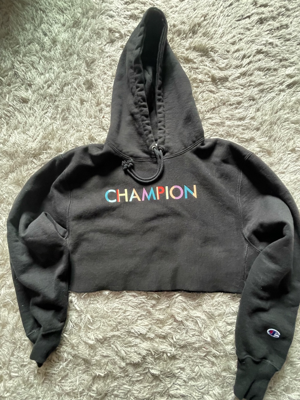 Champion Reverse Weave Women’s Cropped Hoodie Black Rainbow Logo Size Small